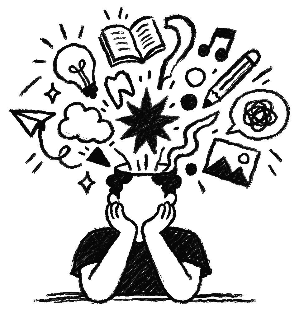 灵感和想法从人物头顶涌现的手绘动画